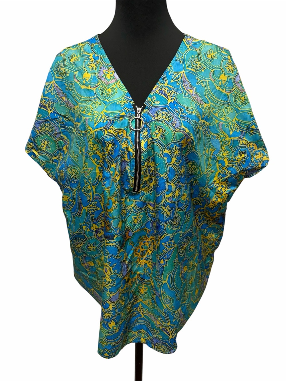 MISSLOOK 3X Blue Green Paisley Zip Front Boho Tunic Blouse Plus Size